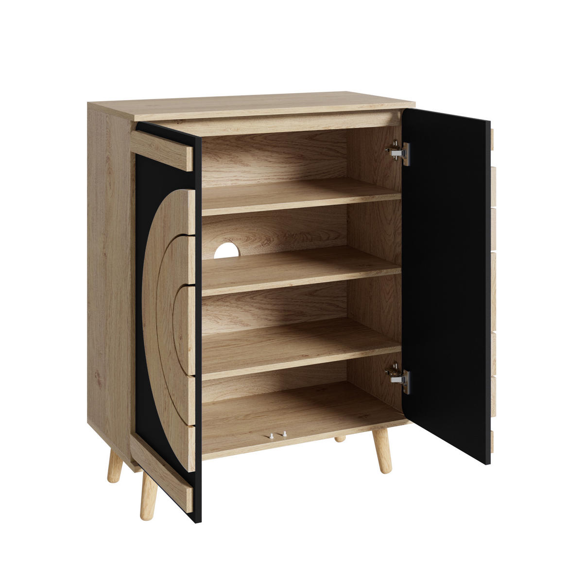 SCHUHSCHRANK Modern Runde Geometrische Türen Stauraum Holzbeine - Schwarz, Holzwerkstoff (37/98.5/76cm) - FLIEKS