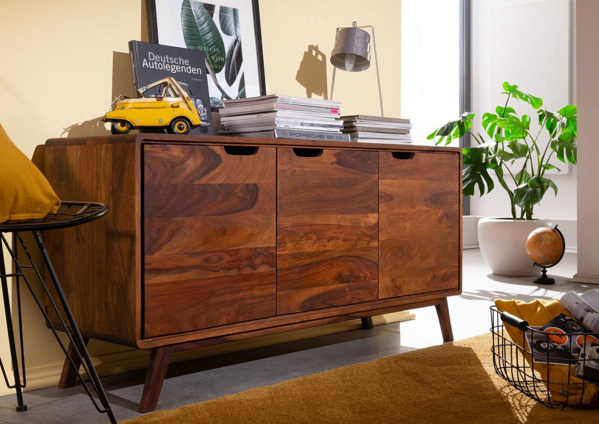 SIDEBOARD Sheesham 134x40x65 walnuss gewachst MALMÖ 2 #106 - Dunkelbraun, Holz (134/65/40cm) - Massivmoebel24