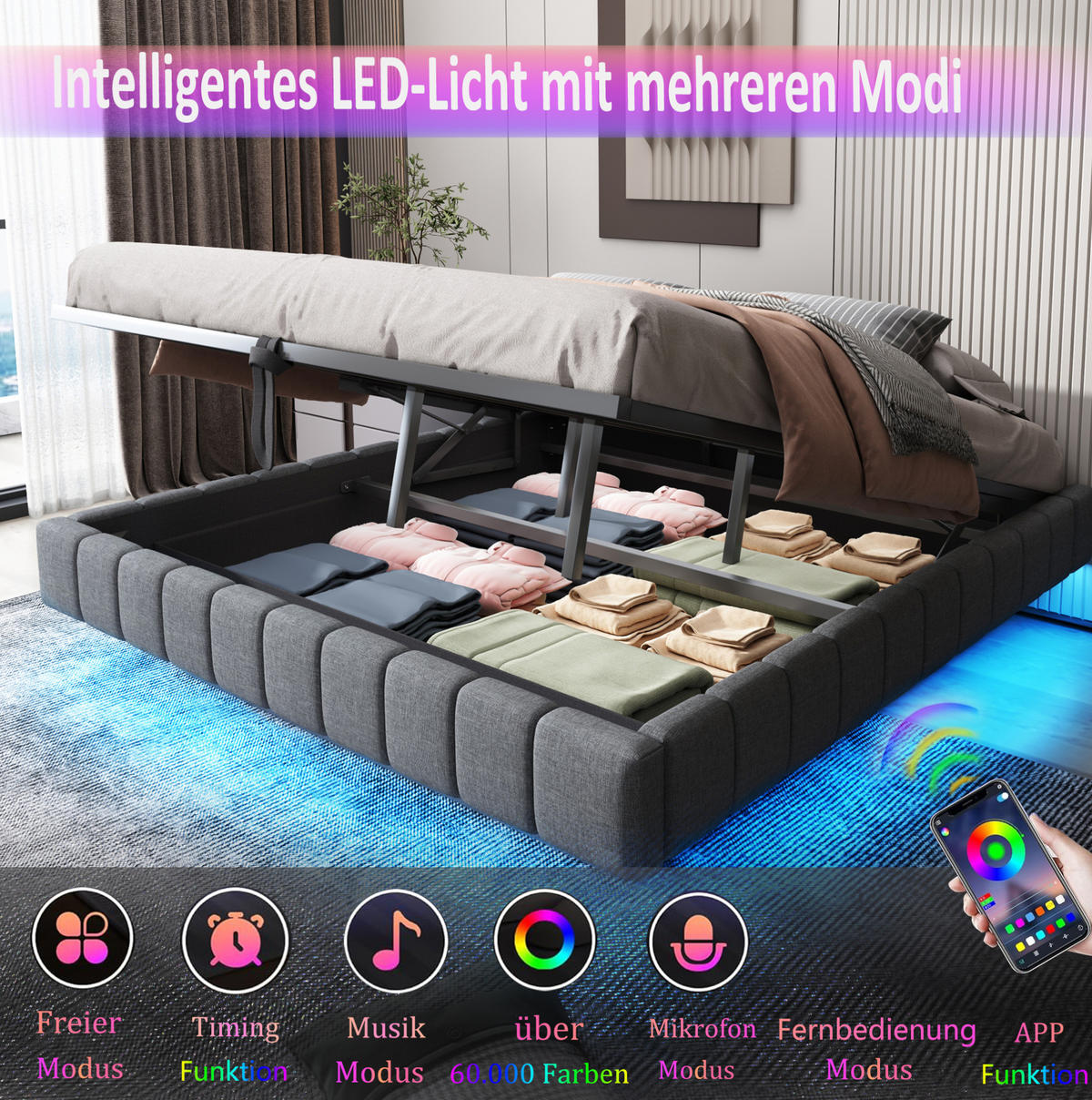 POLSTERBETT 140/200 cm grau aus Stoff mit LED und Stauraum - Grau, Textil (140/200cm) - OKMYHOME