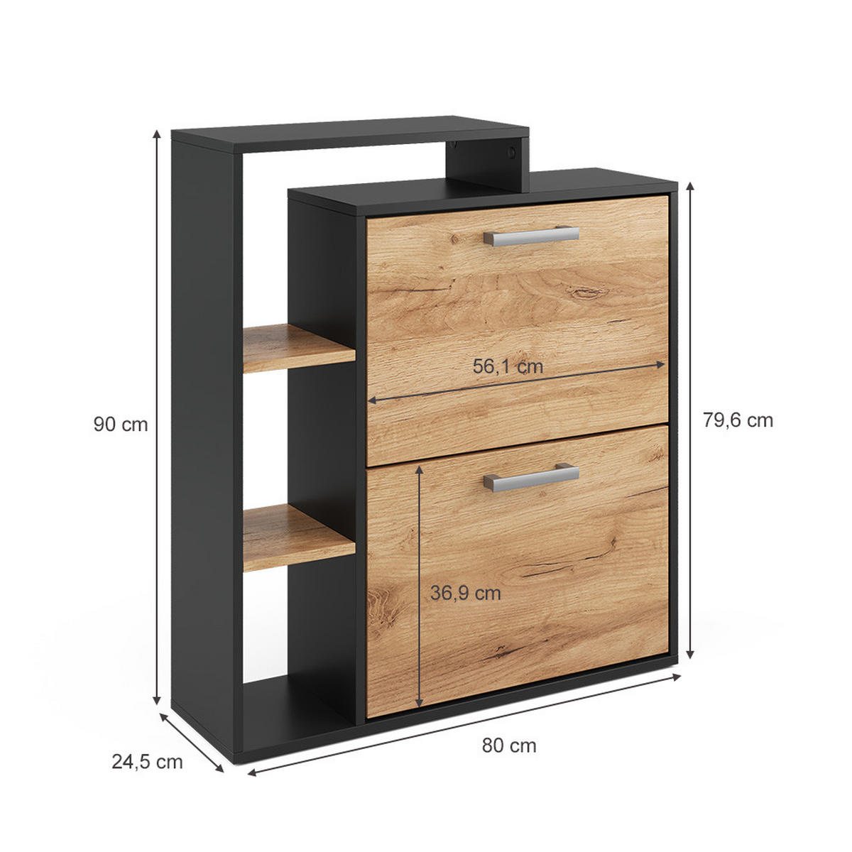 SCHUHKIPPER Orlando Goldkraft Eiche 24.5 x 90 cm 2 Fächern - Anthrazit/Eiche Wotan, Holzwerkstoff (24.5/90/80cm) - Vicco