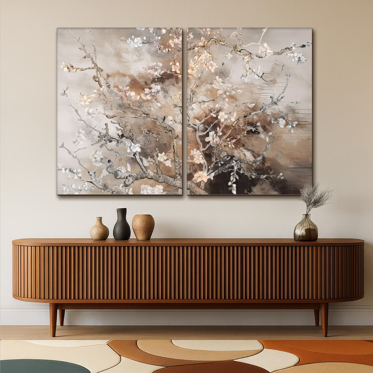 LEINWANDBILD 2er Set Mandelblüte - Abstrakt - Beige 180x120 cm - Beige, Textil (180/120cm) - MuchoWow