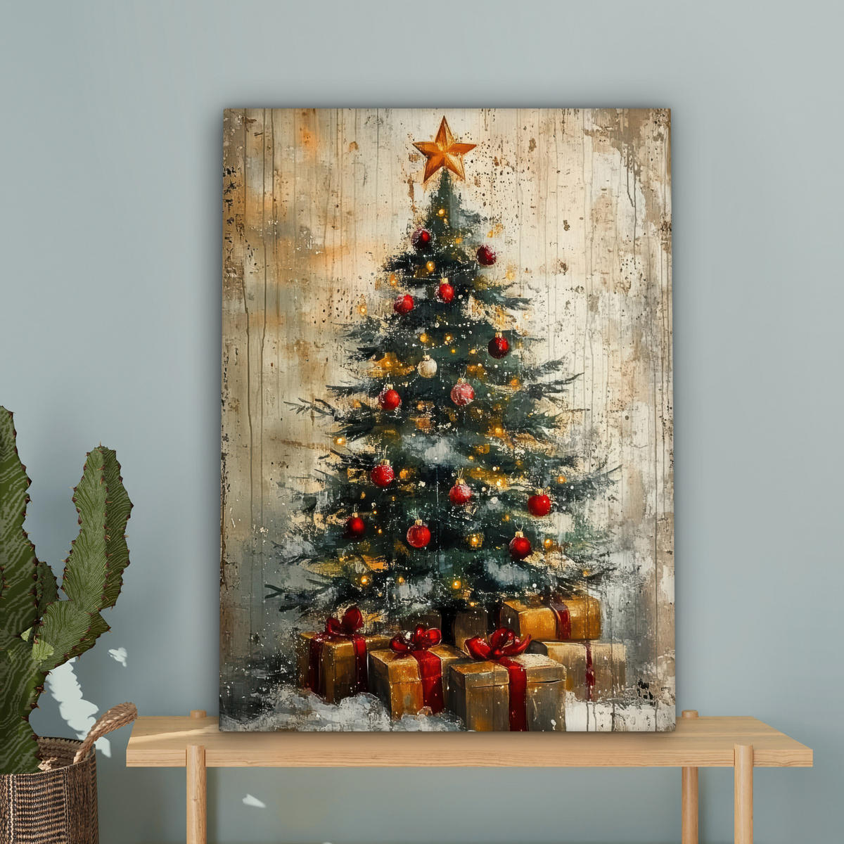 LEINWANDBILD Weihnachtsbaum - Vintage - Weihnachten - Geschenk 60x80 cm - Rostfarben, Textil (60/80cm) - MuchoWow
