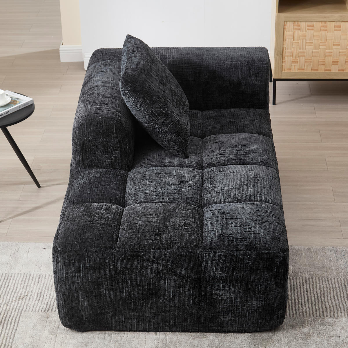 CHAISELONGUE Sofa Chenille mit Seitentaschen und Kissen 158/90/60 cm Schwarz - Schwarz, Textil (60/158/90cm) - Redom