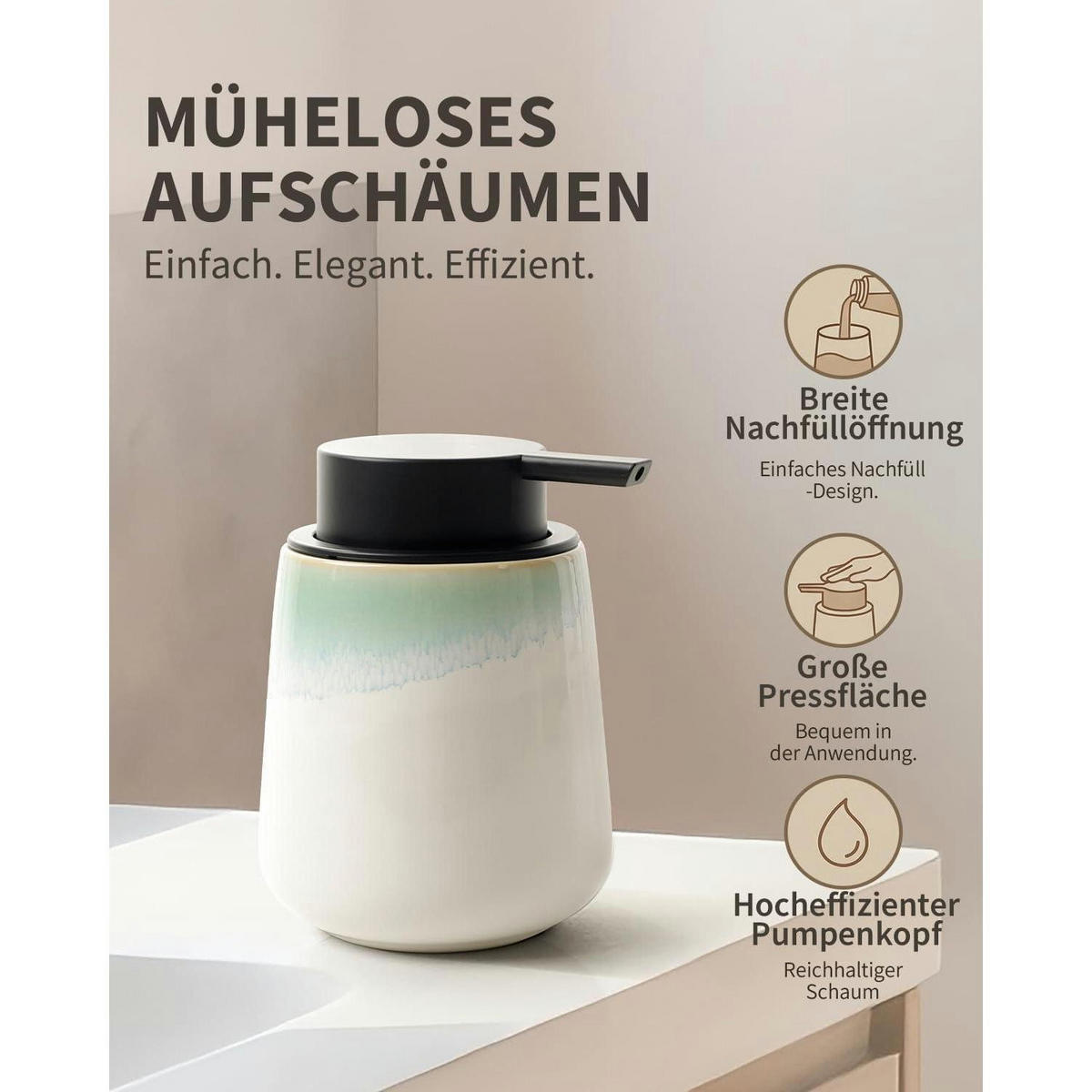 SCHAUMSEIFENSPENDER Keramik Weiß / Grüner Rand 350 ml - Grün, Keramik (9/12/9cm)