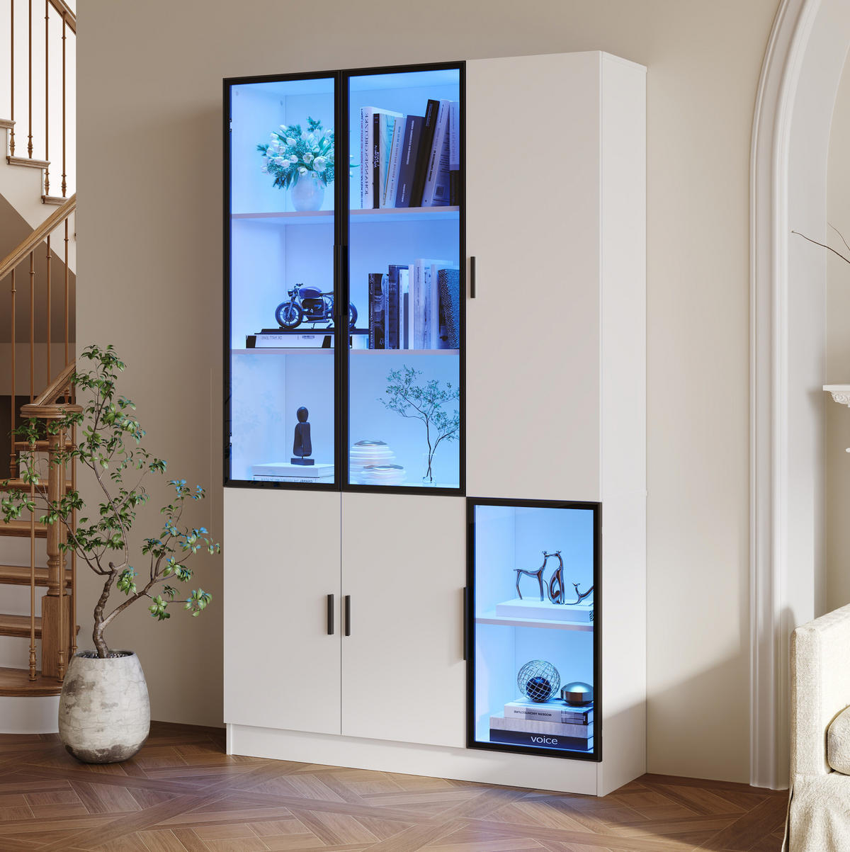 HIGHBOARDNSCHRANK 120/35/200 cm in Weiß mit LED-Beleuchtung und 3 Glastüren - Weiß, Holzwerkstoff (120/200/35cm) - Flora Grace