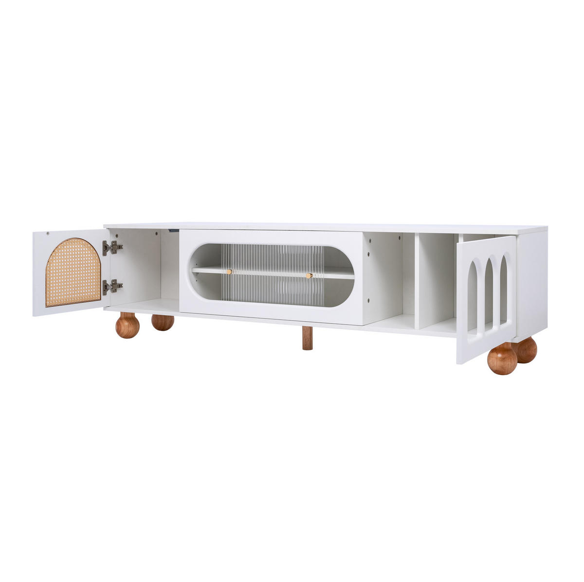LOWBOARD 170/47/37 cm in Weiß mit Glasschiebetür und Rattan-Optik - Weiß, Holzwerkstoff (170/37/47cm) - Flora Grace