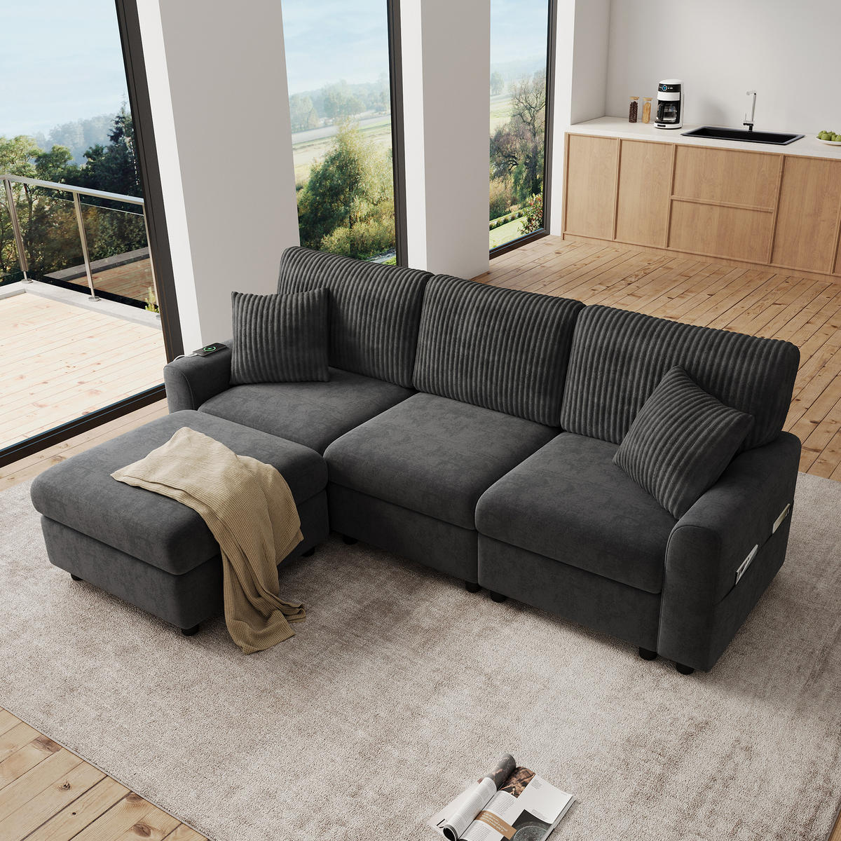 ECKSOFA 223/146/84 cm Schwarz mit 1 Fußhocker, 2 quadratischen Kissen, 1 USB-Anschluss und 1 Type-C-Anschluss - Schwarz, Textil (146/84/223cm) - Oxeza