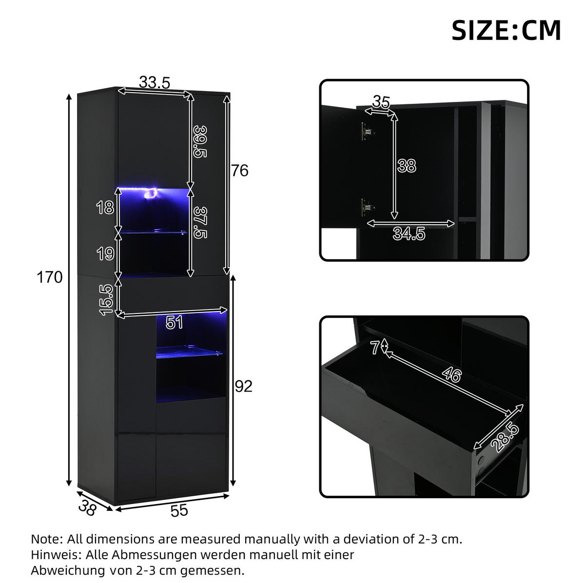VITRINE 55/38/170 cm Schwarz aus Spanplatte mit LED-Beleuchtung - Schwarz, Holzwerkstoff (38/170/55cm) - OKMYHOME