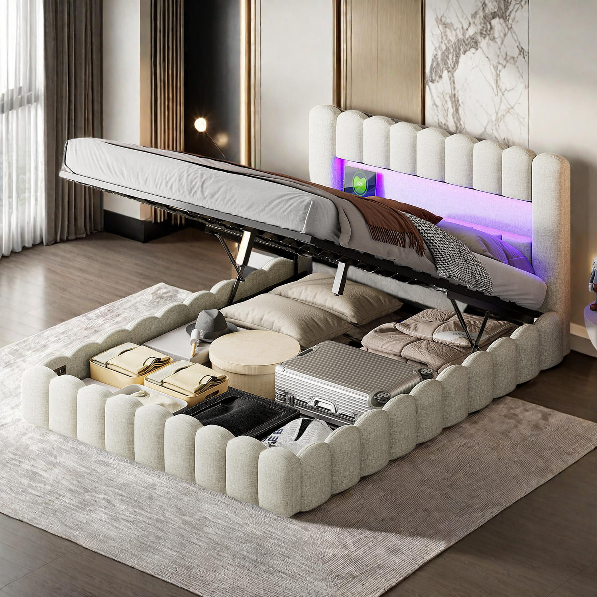 POLSTERBETT 160x200 cm Bubble Design LED USB Stauraum beige - Beige, Holz (160/200cm) - LEBENLANG