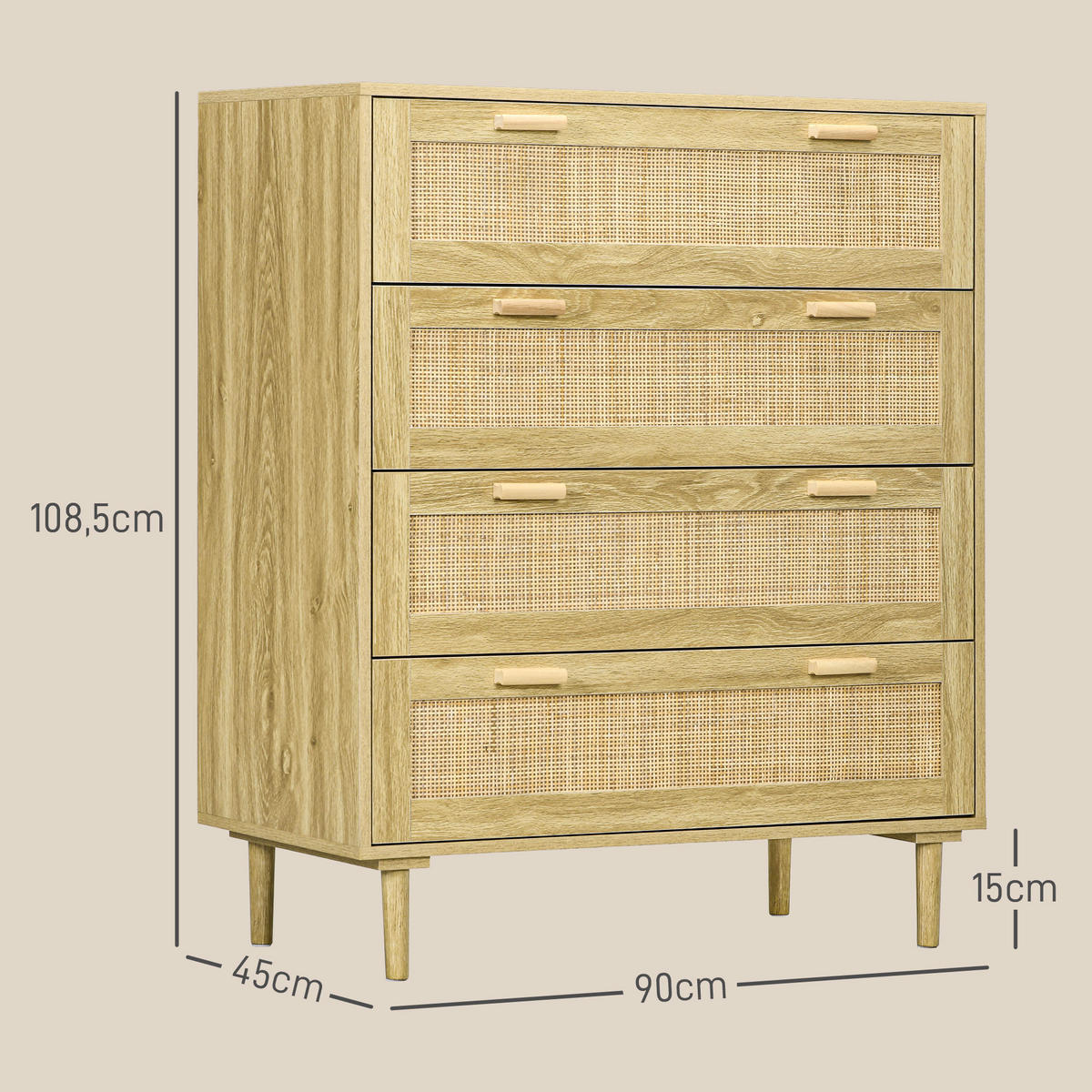 KOMOODE DE-12836 4 Schubladen mit Rattan Hellholz - Naturfarben, Holzwerkstoff (90/108.5/45cm) - ComfortXL