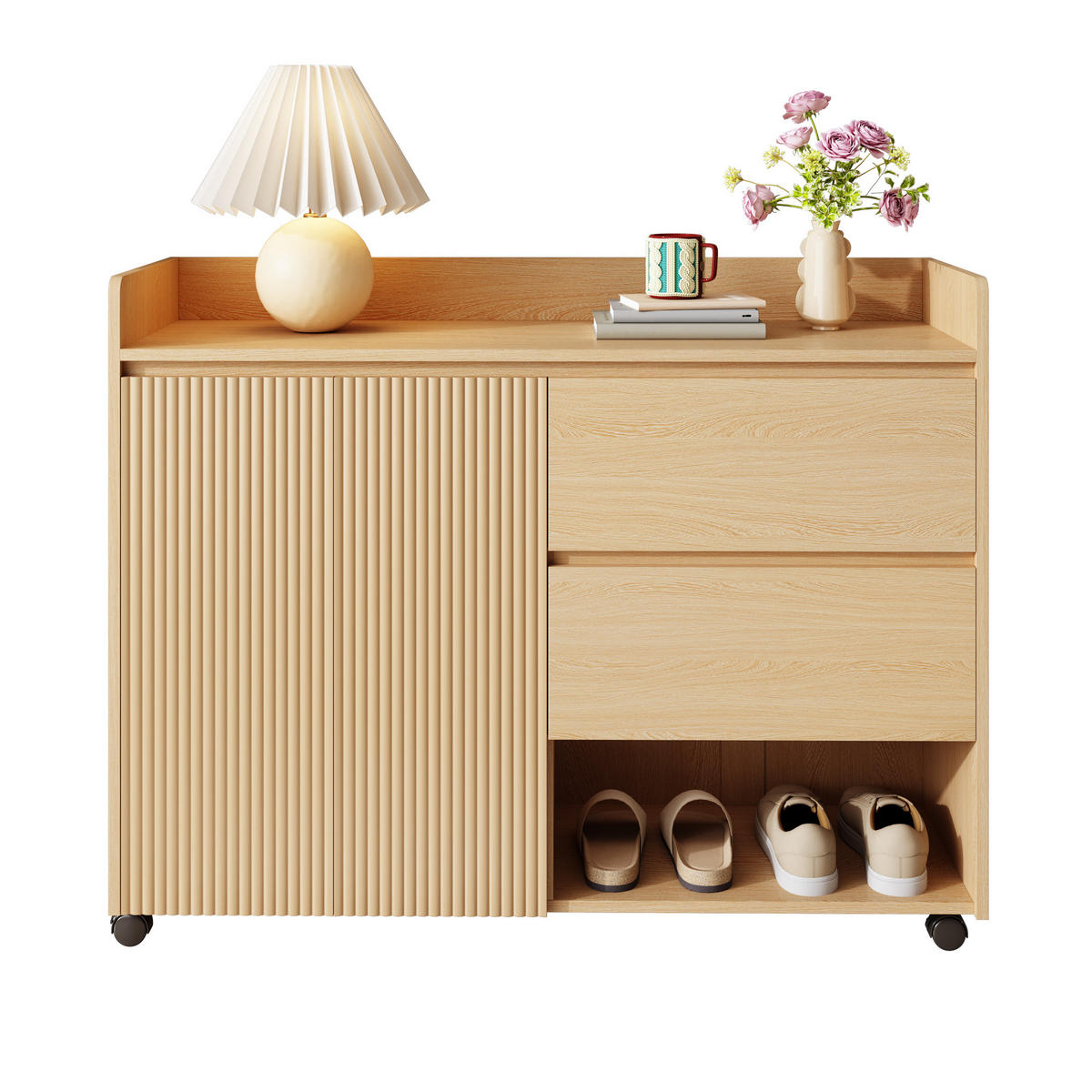 SCHUHSCHRANK aus MDF 110x35x86cm in Natur mit Rollen & Bremsen - Naturfarben, Holzwerkstoff (110/86/35cm) - Modfu