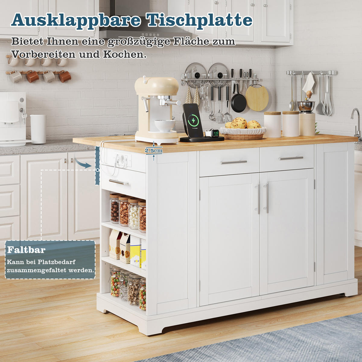 KÜCHENINSEL 138/56/92 cm Weiß mit 3 Schubladen, klappbare Arbeitsplatte und ausziehbarer Mülleimer - Weiß, Holz/Holzwerkstoff (86/92/138cm) - Oxeza