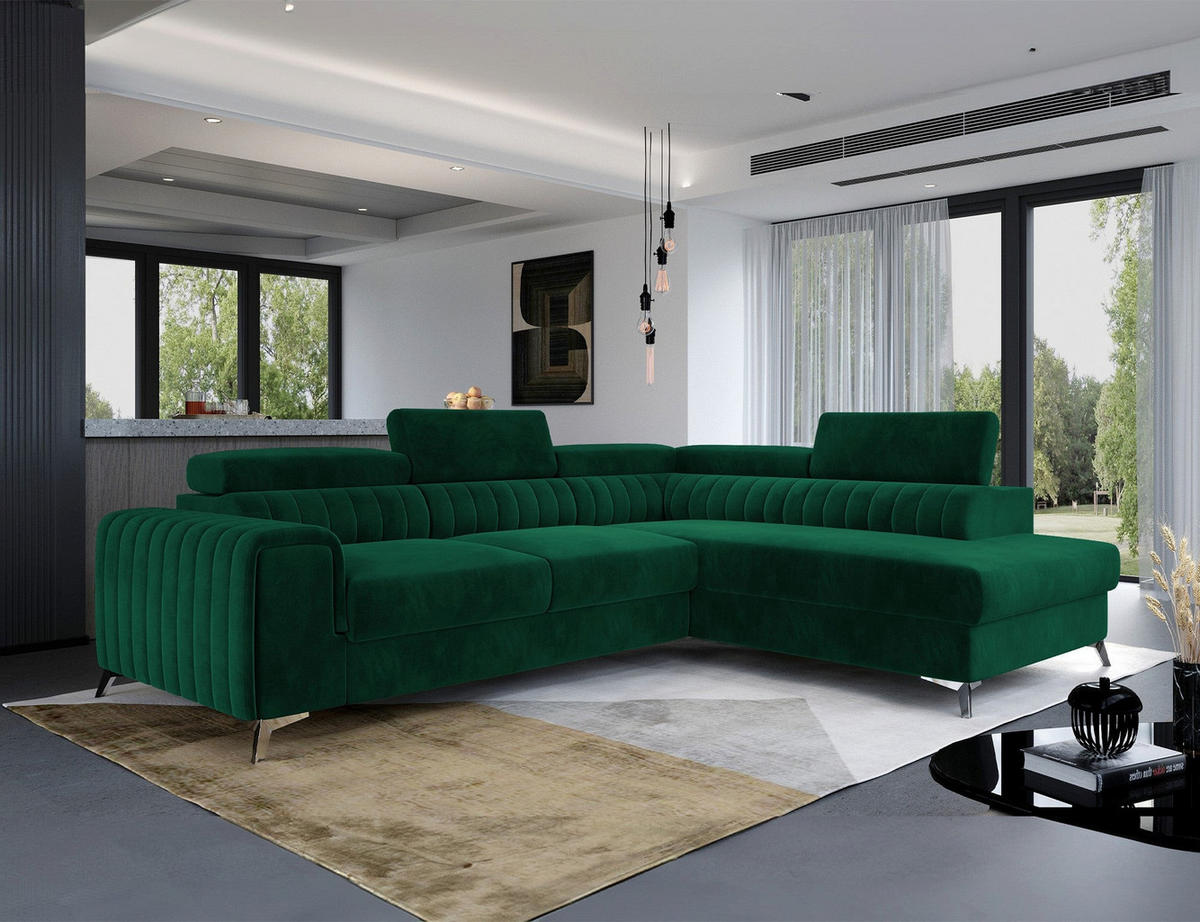 ECKSOFA Laurence mit Schlaffunktion & Bettkasten – 278 x 205 cm, verstellbare Kopfstützen - Grün, Kunststoff (278/205cm) - Wohnideebilder