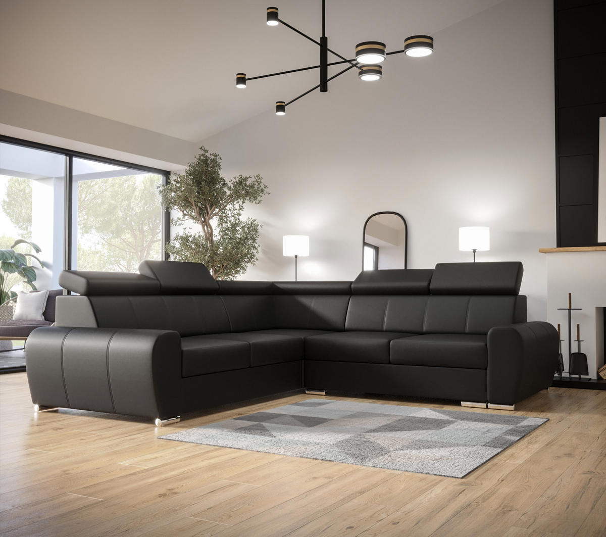 ECKSOFA APOLLO KN09, Eckcouch in L-Form mit Schlaffunktion, Farbe: Schwarz, Kunstleder, Ottomane Links - Dunkelgrau, Textil (255/255cm) - O-Sofa