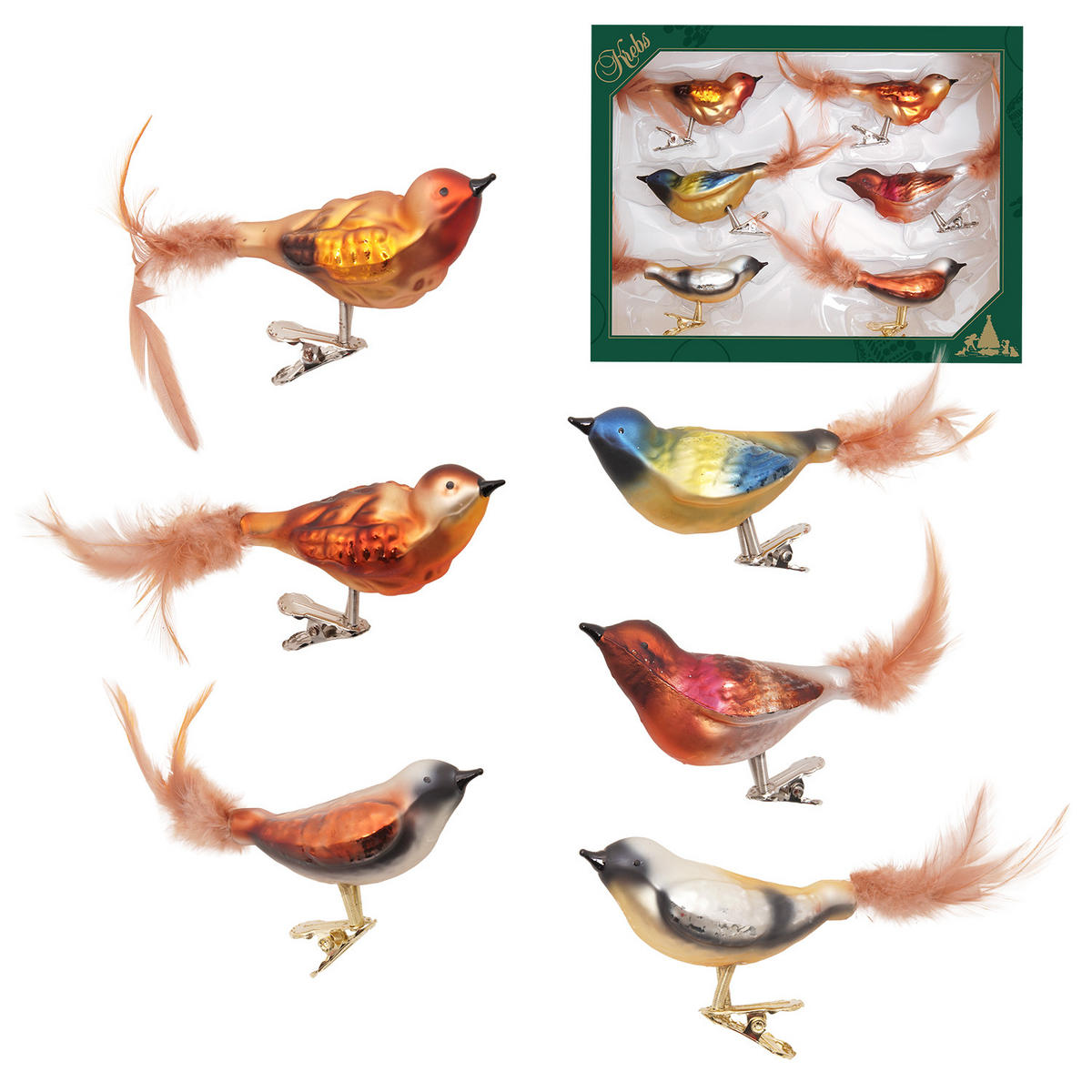 CHRISTBAUMSCHMUCK Wintervögel Mehrfarbig 9cm (Glas / 6 Stk.) - Multicolor, Glas (4/5/9cm) - Krebs Glas Lauscha