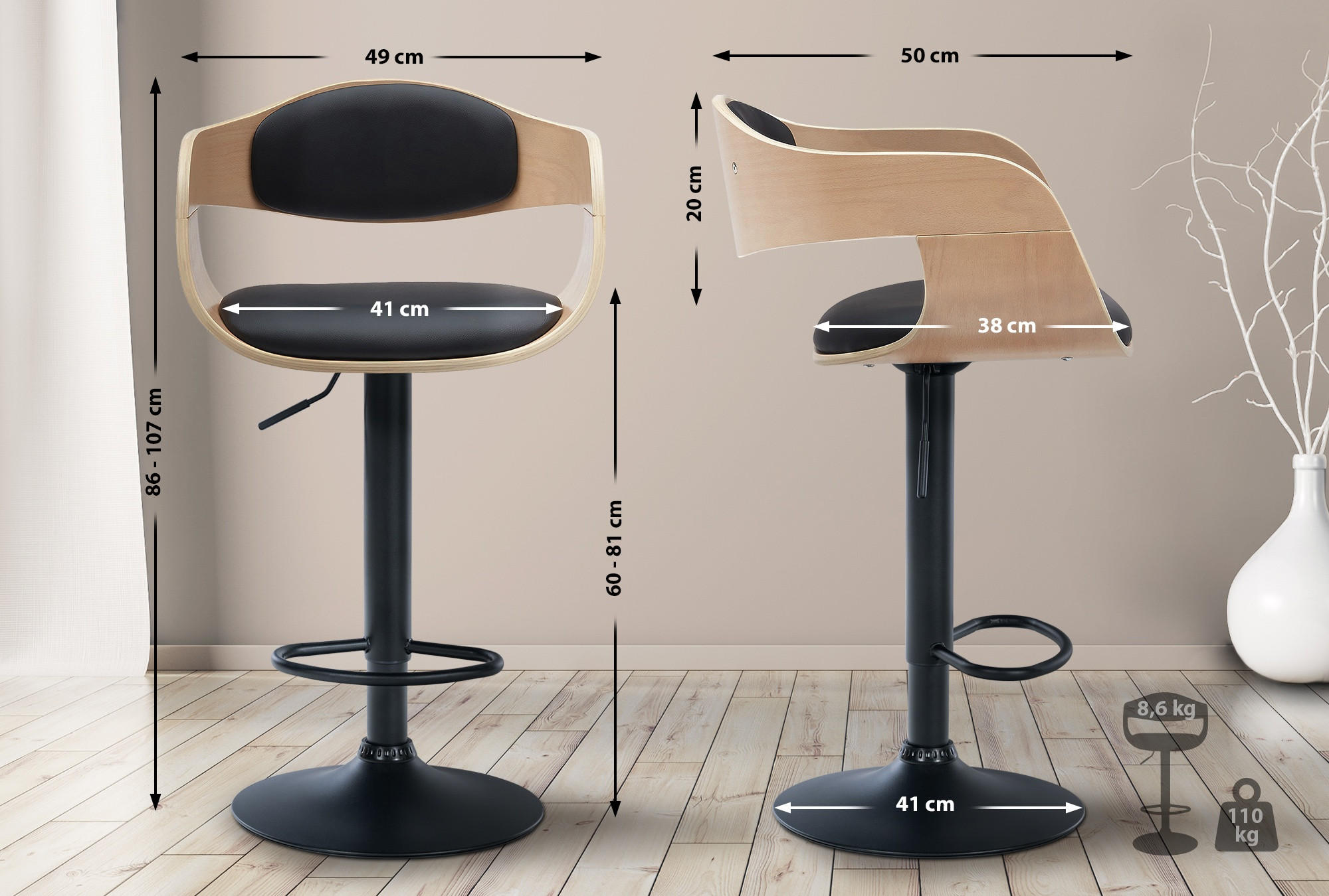 BARHOCKER Lederlook Natura/Schwarz - Schwarz, Textil/Metall (48/87/50cm) - CLP