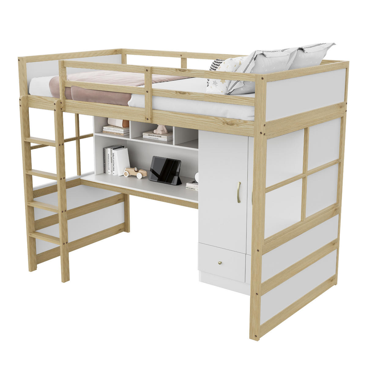 HOCHBETT 90/200 cm mit Leiter und Schreibtisch aus Holz in Natur - Naturfarben, Holz (90/200cm) - OKWISH