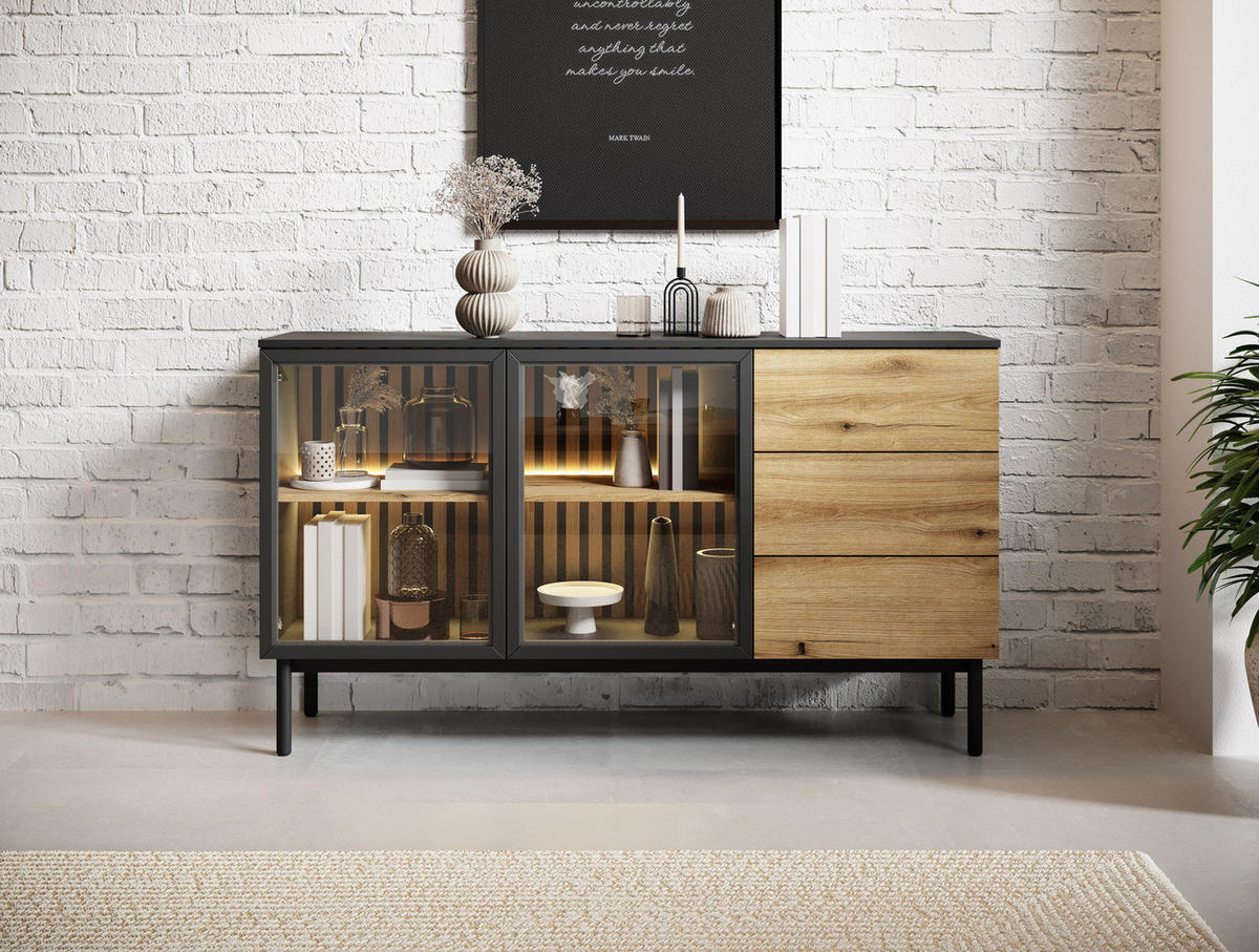 KOMMODE 150 cm mit LED Jotare, 2 Türen, Schubladen, Schwarz, Eiche Evoke - Schwarz, Holz (150/85/39cm) - Emporius