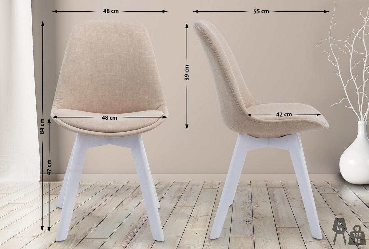 STUHL Stoff creme - Creme/Weiß, Holz/Textil (48/84/55cm) - CLP