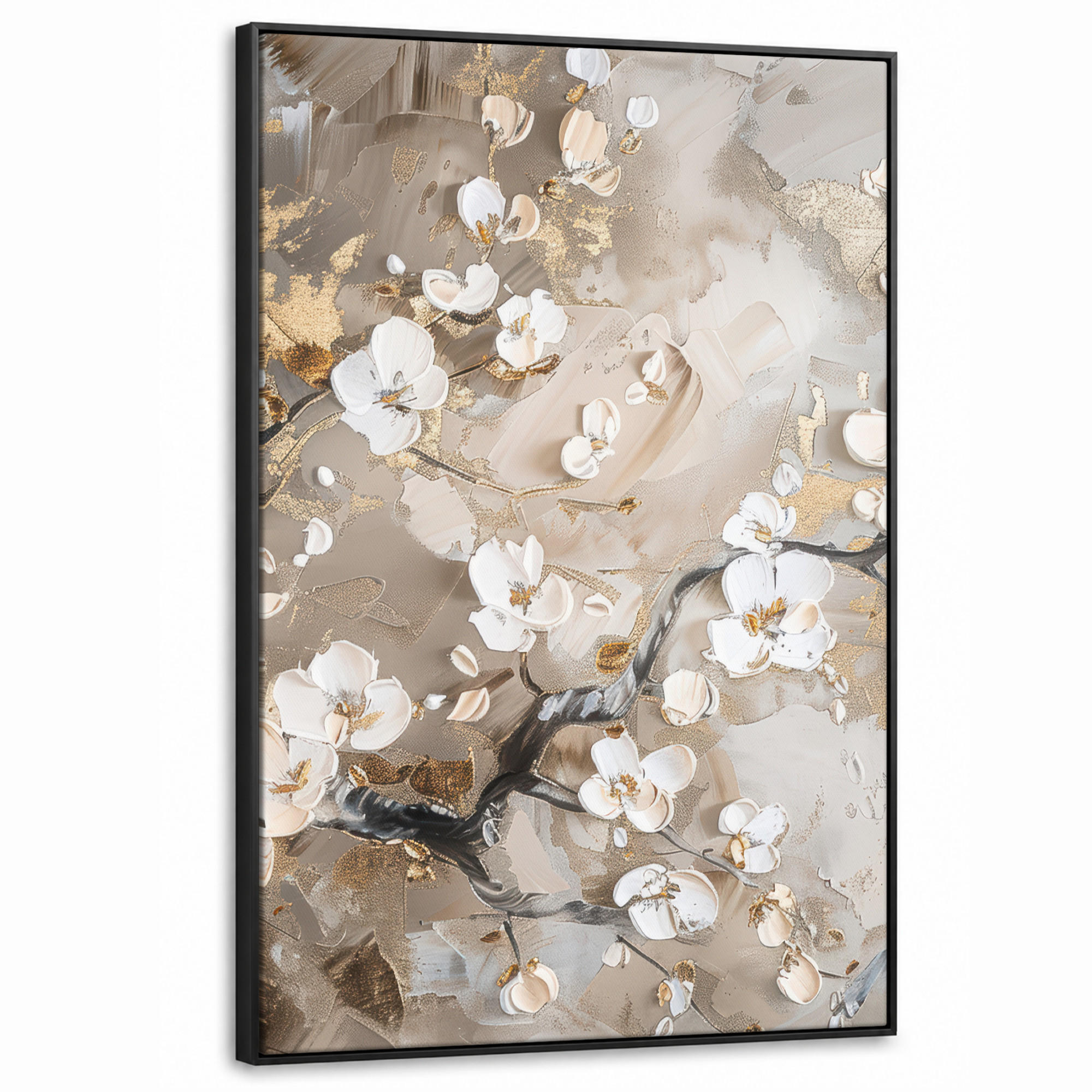 LEINWAND Bilder mit Rahmen - Blumen - Weiß - Gold - Beige - Luxus - 100x150 - Greige, Textil (100/150cm) - MuchoWow