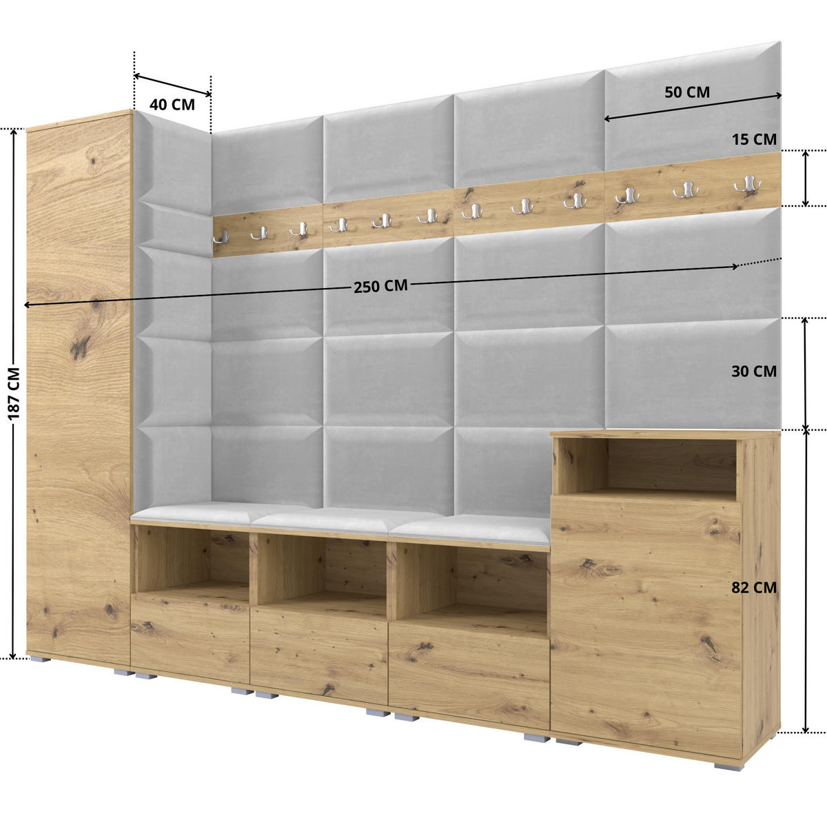 GARDEROBE NELA XI 250 cm (Modulare Flurmöbel Artisan Eiche mit Sitzpolster Hellgrau 32 Großes Set) - Silberfarben/Hellgrau, Holz/Holzwerkstoff (250/187/40cm) - Ravio