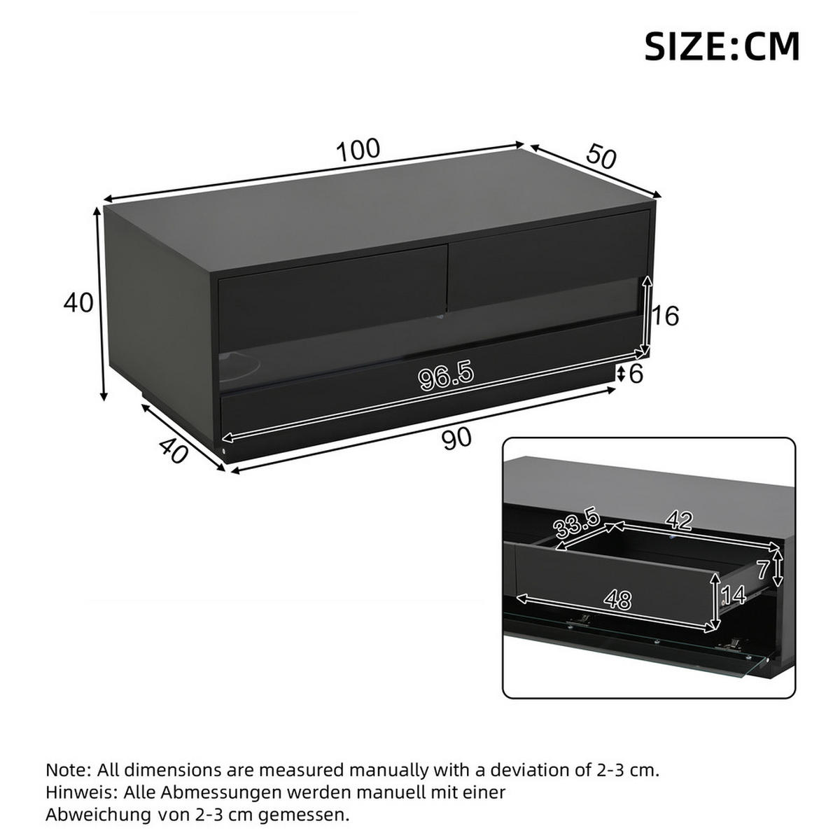 COUCHTISCH 100x50cm Schwarz Hochglanz Bluetooth LED 2 Schubladen Glas - Schwarz, Holz (111.51/58.04/16.51cm) - FLIEKS