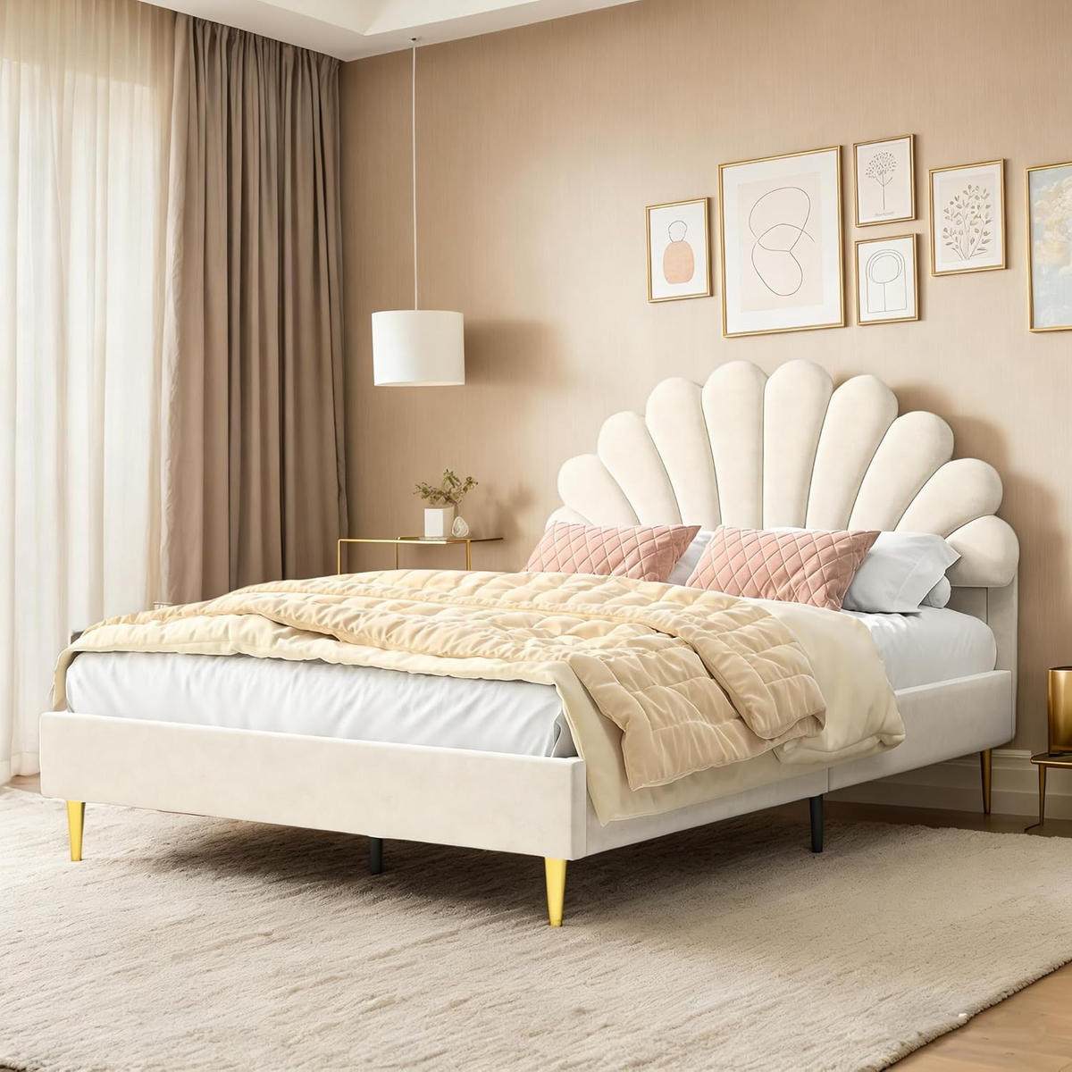 POLSTERBETT 140x200 cm mit Lattenrost floralem Samt-Kopfteil, Beige - Beige, Holz/Metall (140/200cm) - PARAFTA HOME