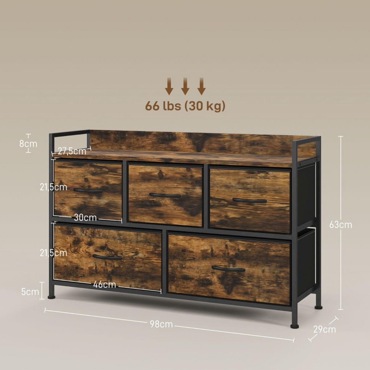 KOMMODE mit 5 Schubladen und verstellbaren Einlegeböden, 98 x 29 x 63 cm, Braun, Polyester - Braun, Textil (98/63/29cm) - SONNENH
