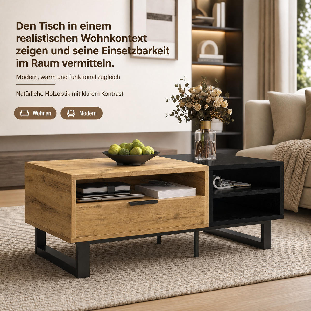 COUCHTISCH 100/50/40 cm Natur/Schwarz aus Spanplatte mit Fächern und Schublade - Naturfarben, Holzwerkstoff (100/50/40cm) - OKMYHOME