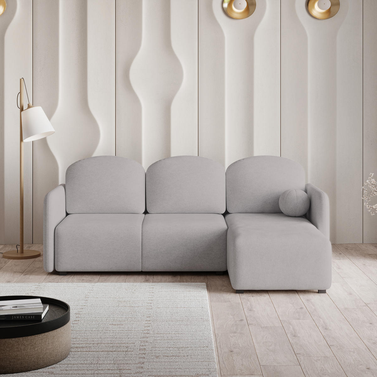 ECKSOFA SUVINO Hellgrau Geflochtener Stoff mit Schlaffunktion - Hellgrau, Holz (230/143cm) - MASSENO