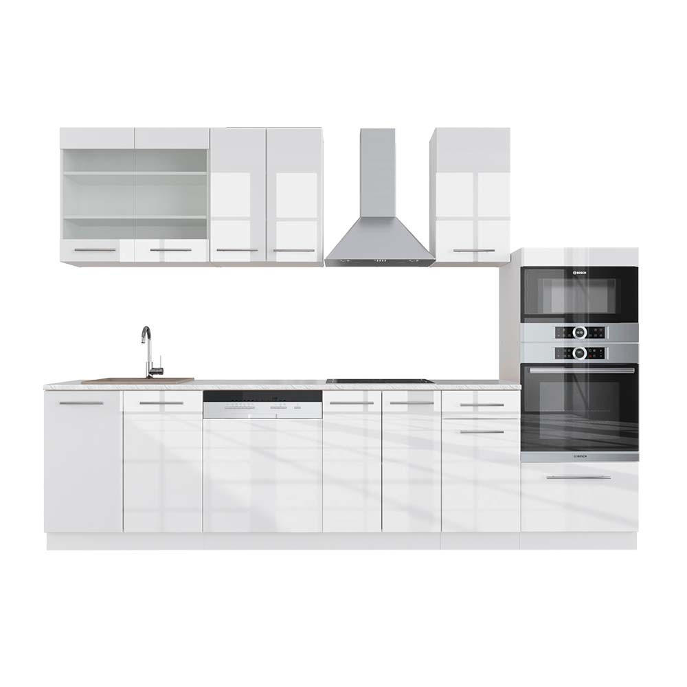 KÜCHENZEILE Fame-Line Weiß Hochglanz/Weiß 300 cm mit Hochschrank AP Marmor - Weiß Hochglanz/Weiß, Holzwerkstoff (300/81.6/60cm) - Vicco