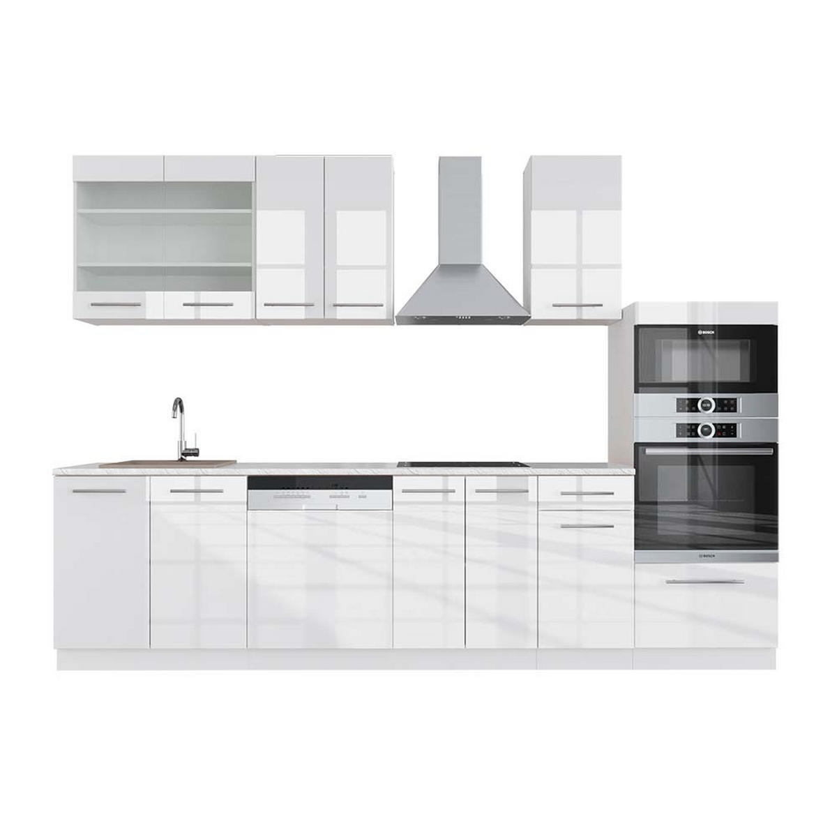KÜCHENZEILE Fame-Line Weiß Hochglanz/Weiß 300 cm mit Hochschrank AP Marmor - Weiß Hochglanz/Weiß, Holzwerkstoff (300/81.6/60cm) - Vicco