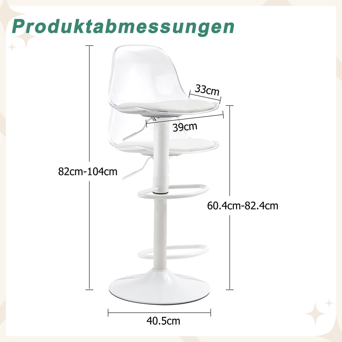 BARHOCKER 2er-Set Transparent und Weiß höhenverstellbar mit Rückenlehne und 360° Drehung - Transparent, Metall (33/82/40.5cm) - PANGIVO