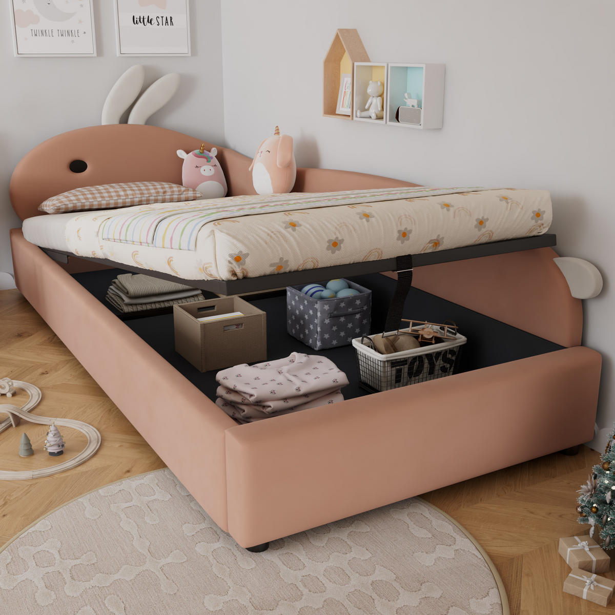 POLSTERBETT 90/200 cm Rosa mit Häschen-Kopfteil und Stauraum aus Samt - Dunkelrosa, Textil (90/200cm) - OKWISH