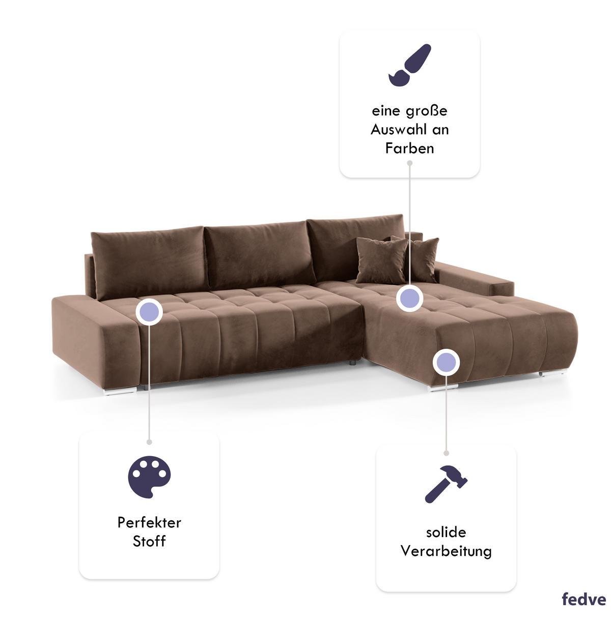 ECKSOFA mit Schlaffunktion Dhaka L, Braun - Dunkelbraun, Textil (185/265cm) - Fedve