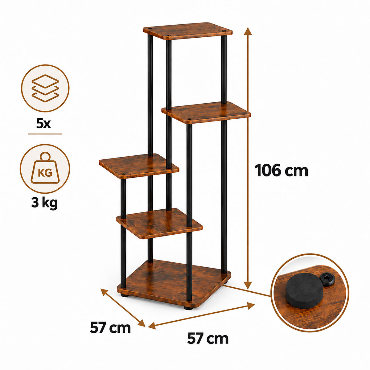 REGÁL Tmavohnedá Čierna 5 police - viacfarebná, kov/kompozitné drevo (57/106/57cm) - Relaxdays