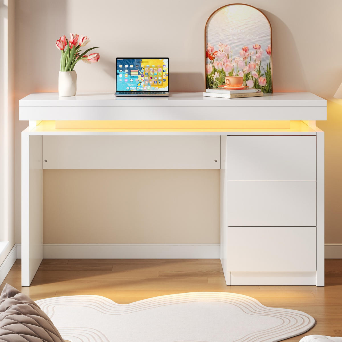 SCHREIBTISCH LED 120cm 3 Schubladen Homeoffice modern - Weiß, Holzwerkstoff (120/50/78.5cm) - FLIEKS