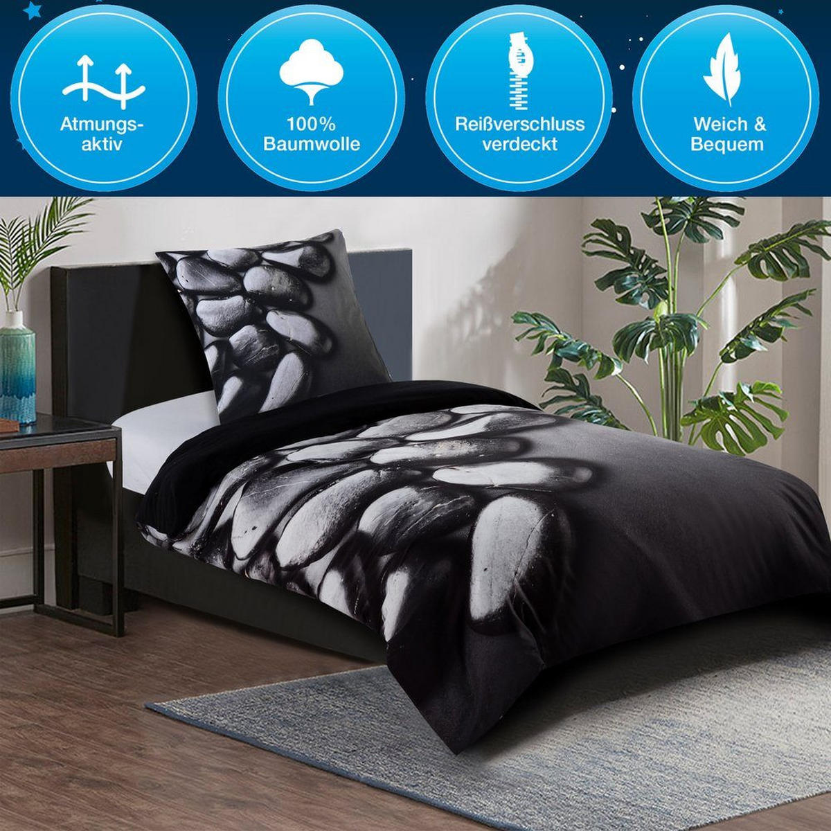 BETTWÄSCHE 4-teilig Hot Stones - Schwarz, Naturmaterialien (135/200cm) - Sanilo