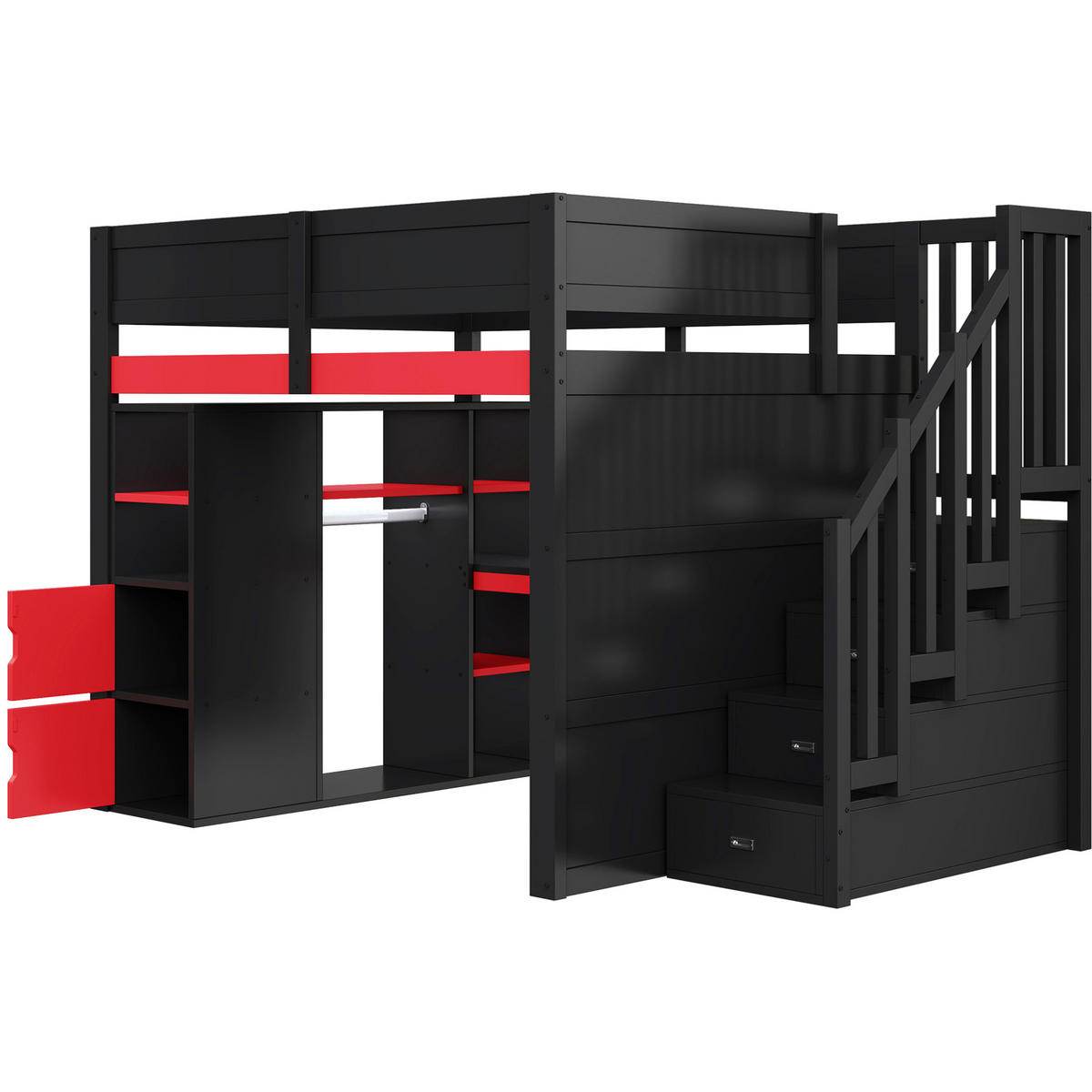 HOCHBETT mit Schreibtisch 140/200 cm in Schwarz/Rot – mit Stauraum und LED - Schwarz, Holzwerkstoff (140/200cm) - BEAOK