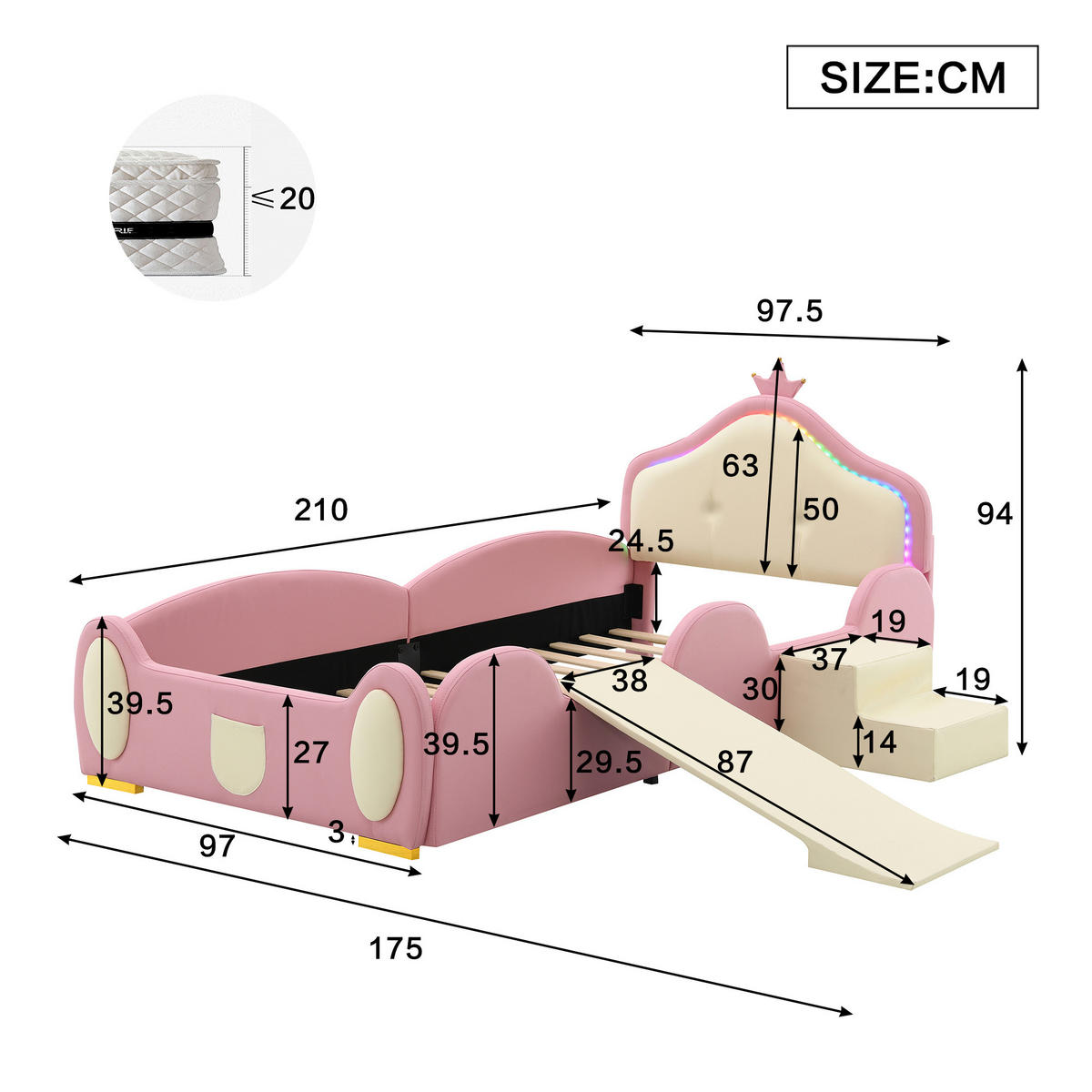 KINDERBETT 90/200 cm Crown Cartoon Rosa mit Rutsche und LED-Beleuchtung aus PU - Rosa, Kunststoff (90/200cm) - OKWISH