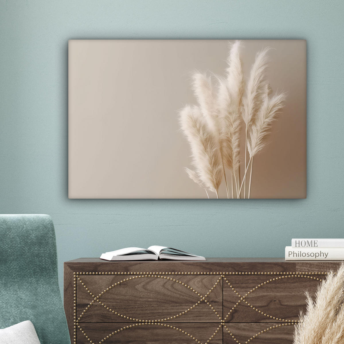 LEINWANDBILD Pampasgras - Federn - Pastell - Weiß Wanddeko 90x60 cm - Naturfarben, Textil (90/60cm) - MuchoWow