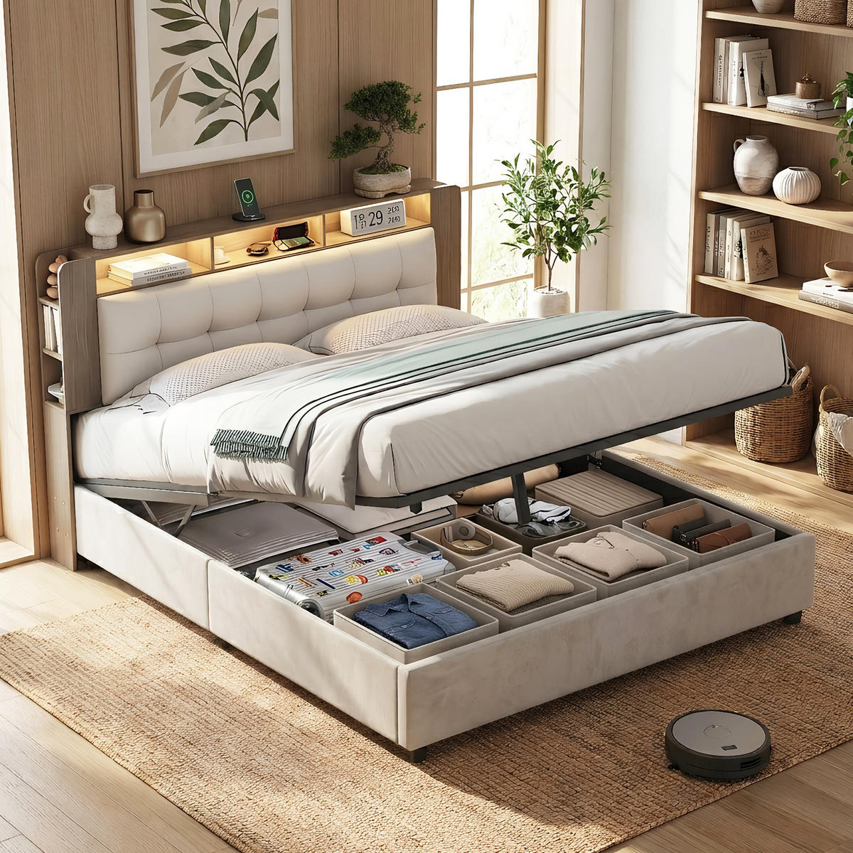 POLSTERBETT Holzdekor 140/200 cm mit Bettkasten & Qi-Ladepad Samtoptik Beige - Beige, Textil (140/200cm) - Creahappy
