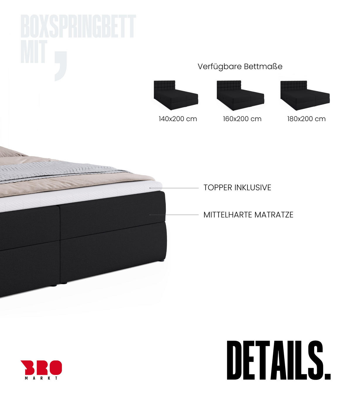 BOXBETT Dakota mit Topper 180/200 Schwarz - Schwarz, Textil (180/200cm) - Bromarkt