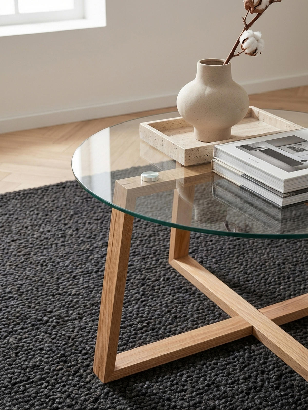 COUCHTISCH in Eiche mit transparenter Glasplatte und überkreuztem Gestell, modernes Design - Beige/Braun, Glas/Eichenholz (78/78/41cm) - KADIMA DESIGN