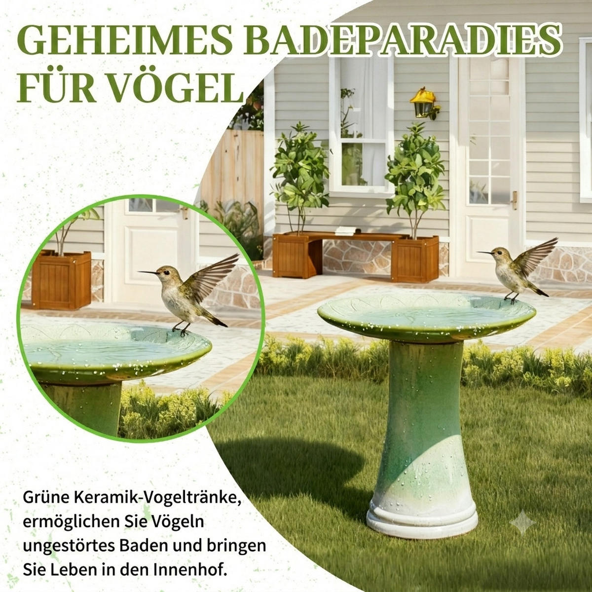 VOGELBAD mit Standfuß, Keramik Ø43/45H cm, Wetterfest,Grün - Grün, Keramik (43/45/43cm) - LVHOM