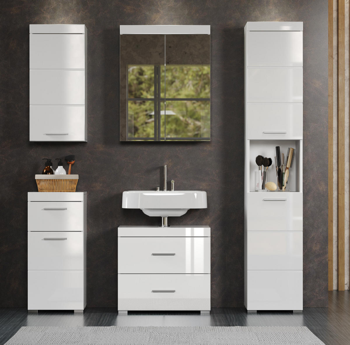 BADMÖBEL-SET weiß Hochglanz 5-teilig 163 x 190 cm, moderne Badezimmer-Schränke - Weiß Hochglanz/Alufarben, Glas/Holzwerkstoff (163/190/34cm) - Top.Furn
