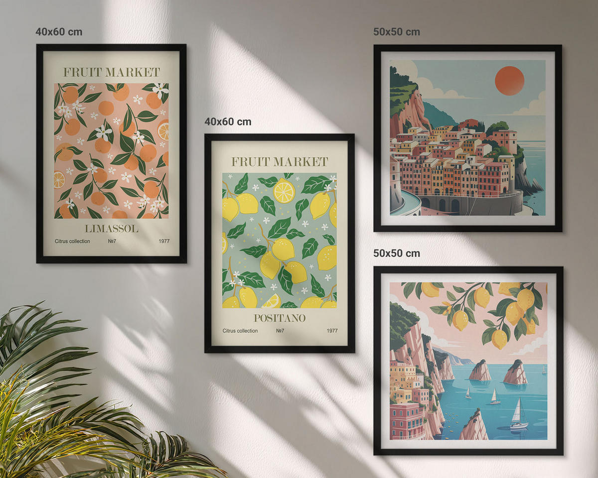 WANDBILDER 4er-Set - 50x50 cm & 40x60 cm Schwarzer Rahmen - Zitrusfrüchte der italienischen Tropen - Schwarz, Kunststoff (50/50cm) - ArtPrintCave