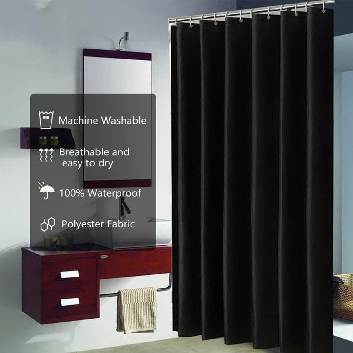 DUSCHVORHANG schimmelresistent Stoff Polyester waschbar Schwarz wasserdicht mit Haken 180 x 180 cm - Schwarz, Kunststoff (180/180cm) - MCBOSON
