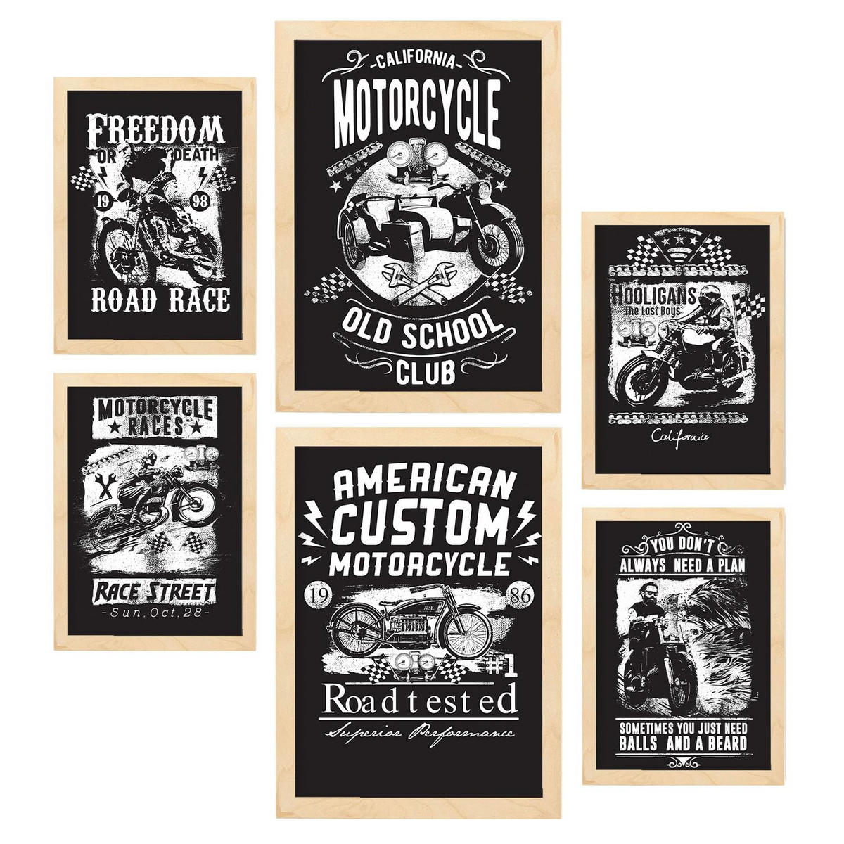 POSTER Set Mit 6 Fahrer In Rustikale Zitate A3 & A4 Rahmen Aus Hellem Holz - Beige, Papier (29/3cm) - Nacnic