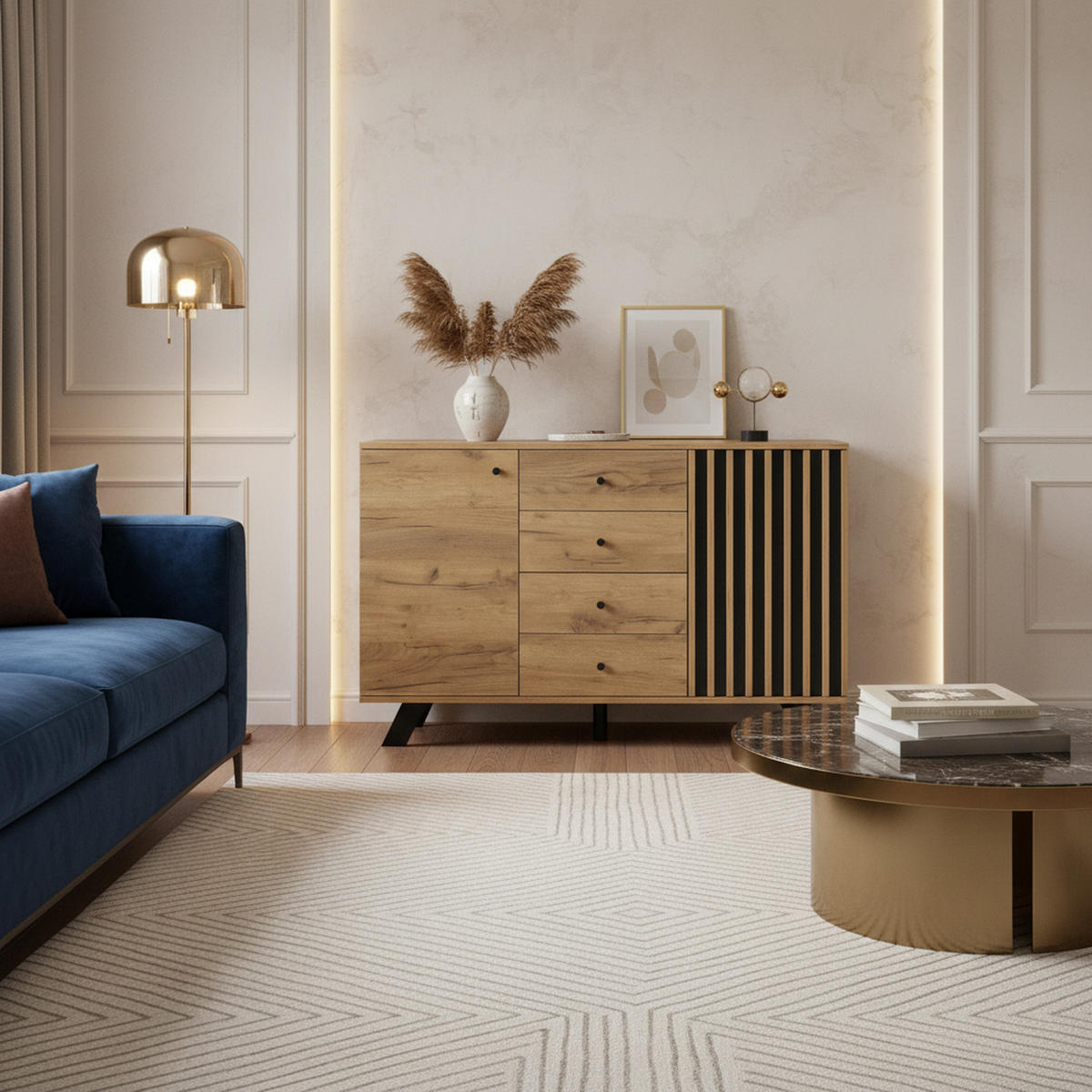 SIDEBOARD 2 Schränke, 4 Schubladen, Hohldekor, Holzfarbe & Schwarz 5 Massivholzbeine, Viel Stauraum - Sonoma Eiche, Holzwerkstoff (120/75/38cm) - Urban Meuble